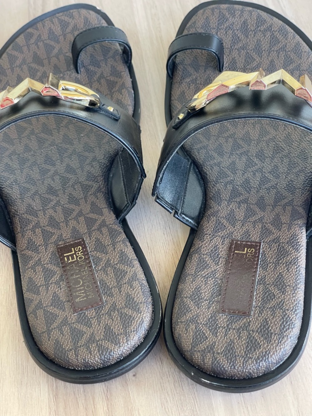 Michael Kors Black Slides with Gold MK Emblem - Picture 11 of 13